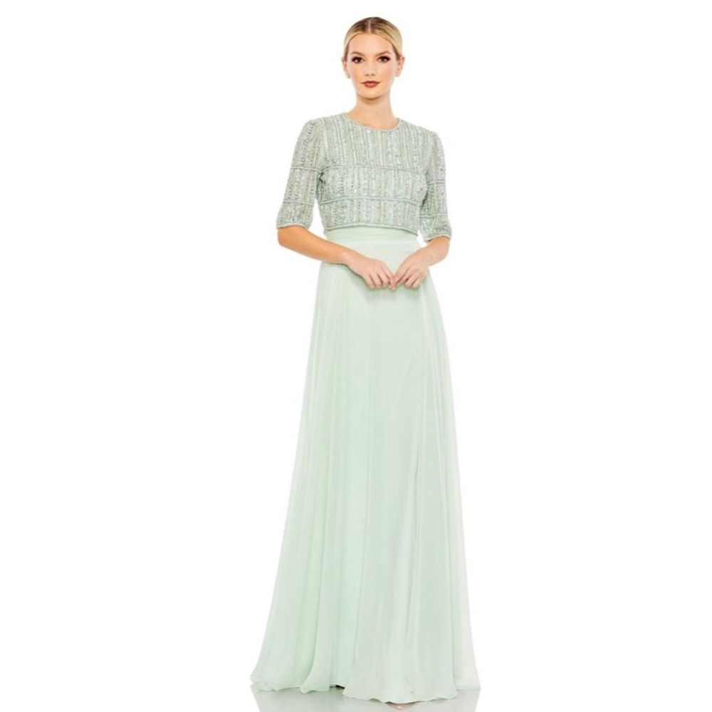 Mac Duggal chiffon gown with fully beaded 3/4 sleeve top